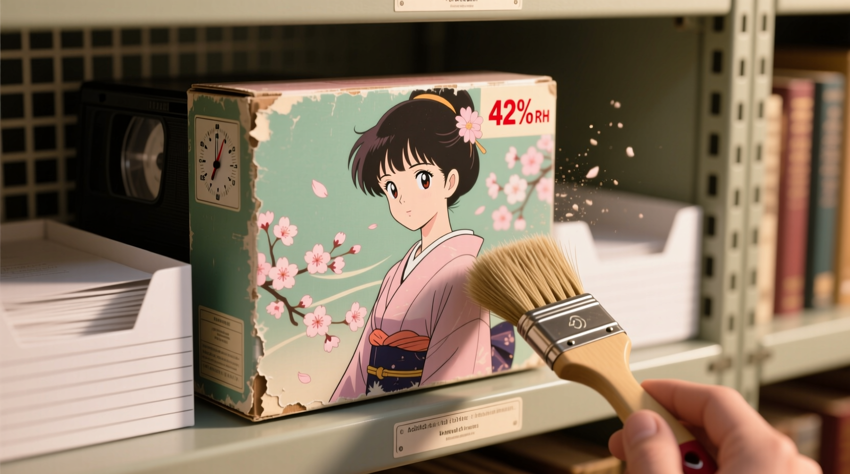 Close-up of a vintage anime VHS storage box being gently brushed with a natural-bristle brush; background shows a hygrometer reading 42% relative humidity and a lined acid-free storage shelf