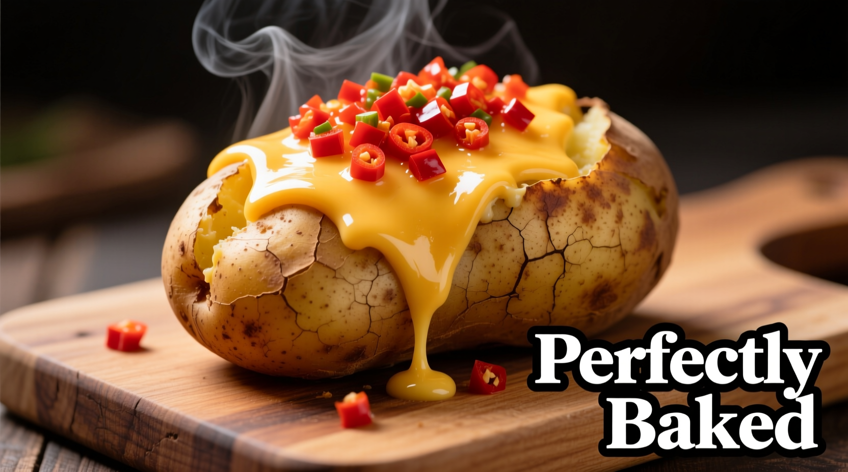 Perfectly baked potato topped with chili and melted cheese