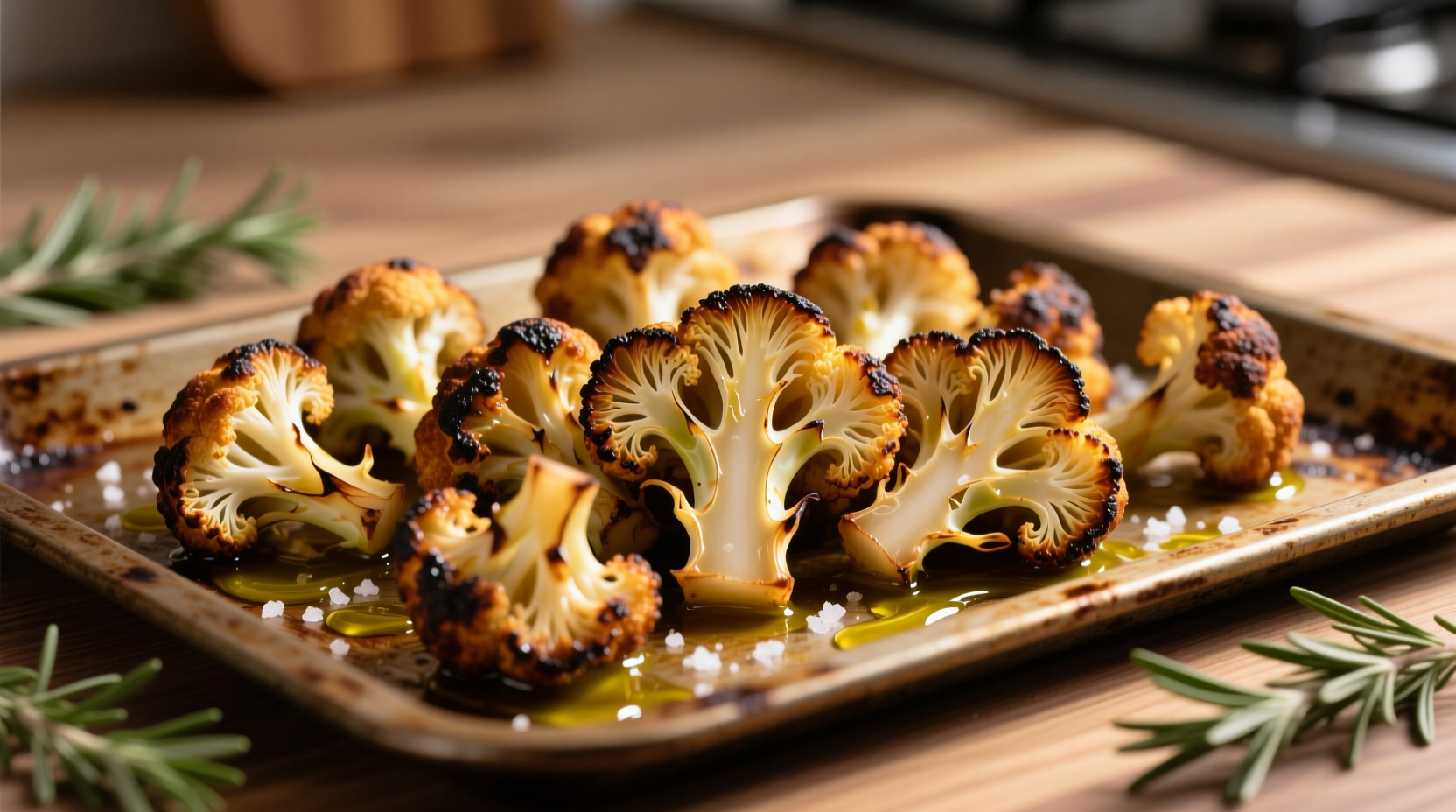Golden brown crispy roasted cauliflower florets on baking sheet