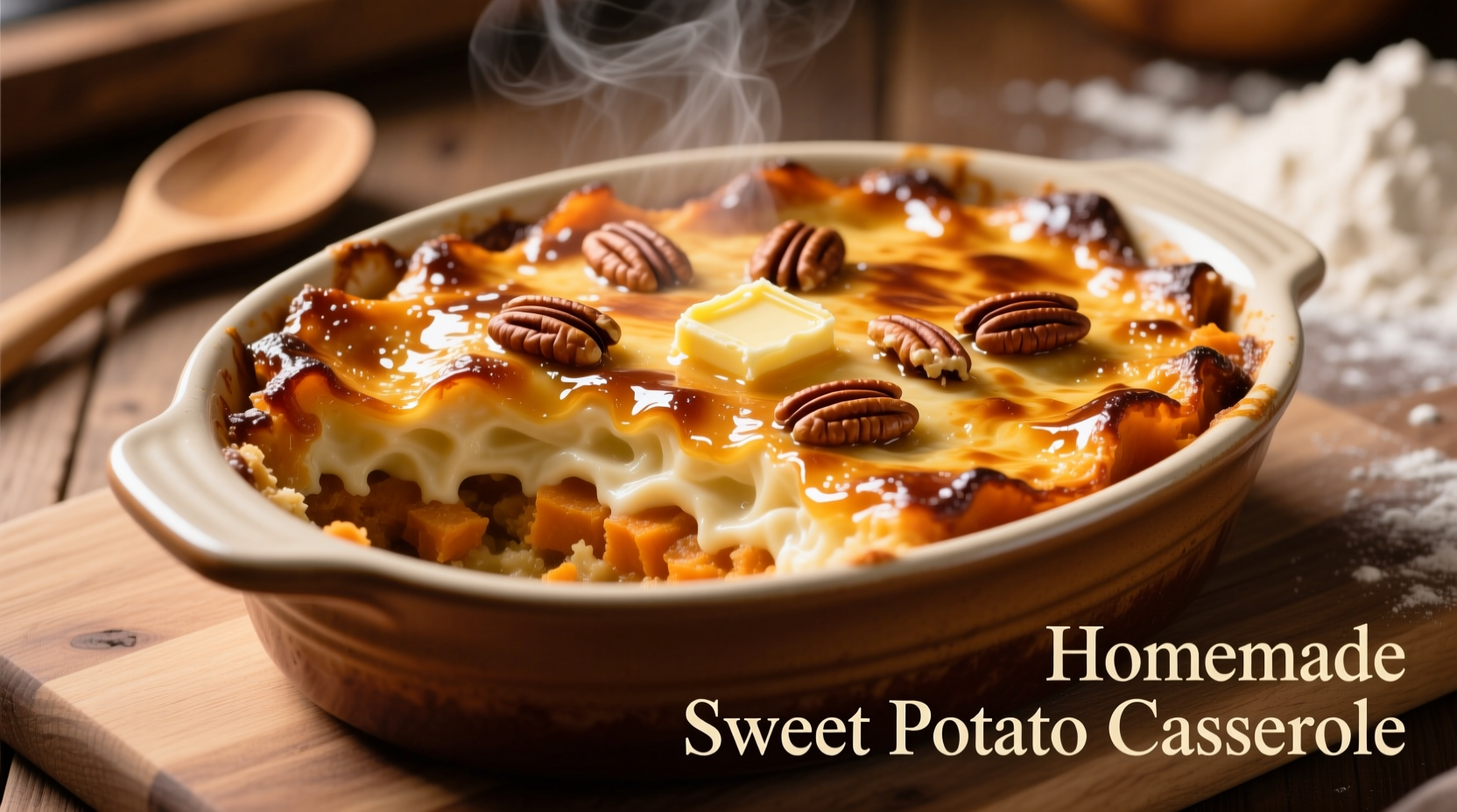 Perfectly baked sweet potato casserole with golden topping