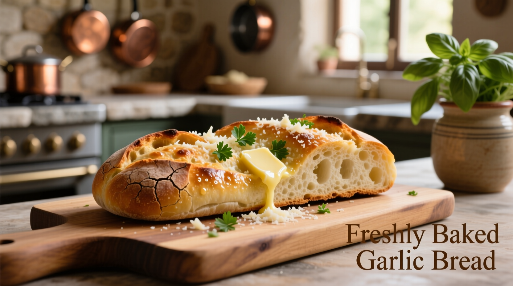 Freshly baked Italian garlic bread with golden crust