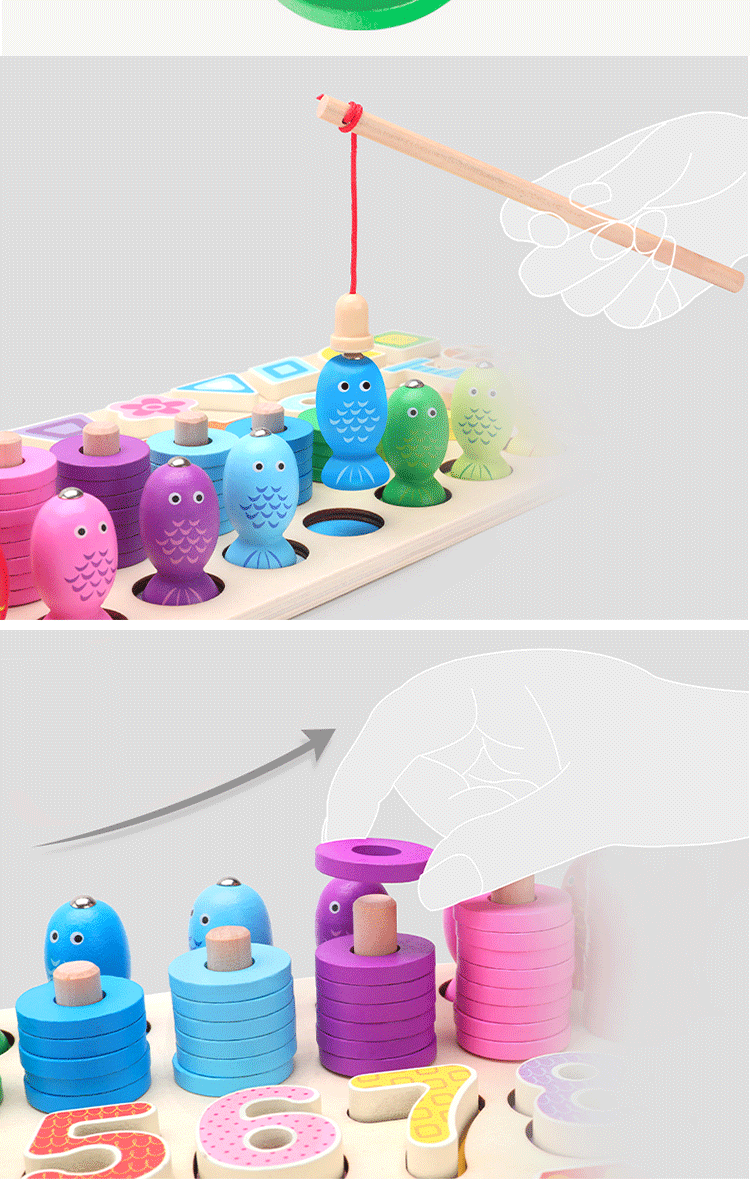 Wholesale Colorful Montessori Five-In-One Wooden Fishing Digital Shape Matching Toys New Design Kids Early Educational Toys