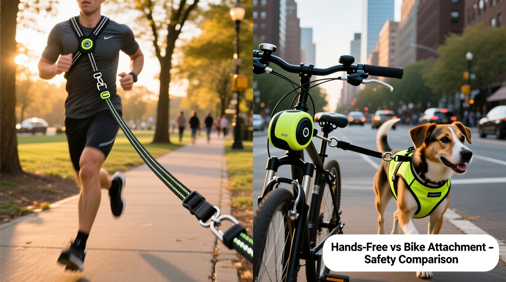 hands free leash vs bike attachment which is safer for running my dog in the city