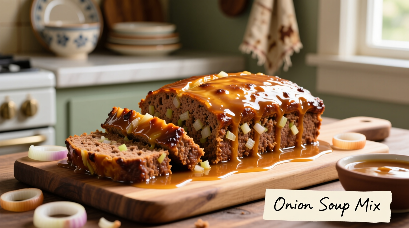 Homemade meatloaf with onion soup mix glaze