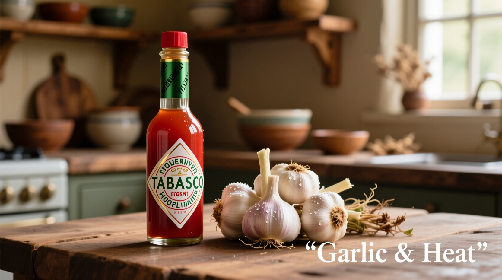 Garlic Tabasco bottle next to fresh garlic cloves