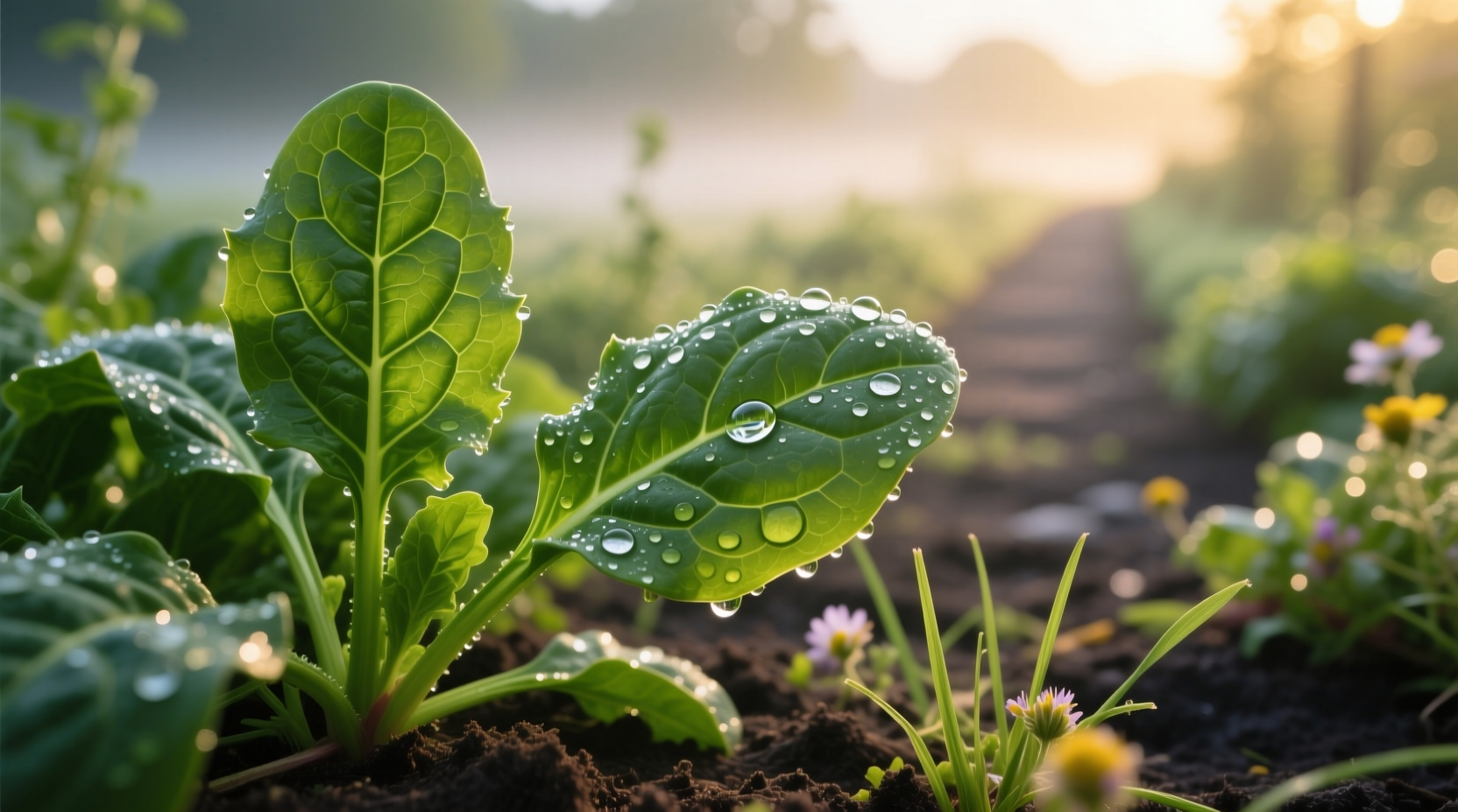 Fresh spinach leaves in garden with dew