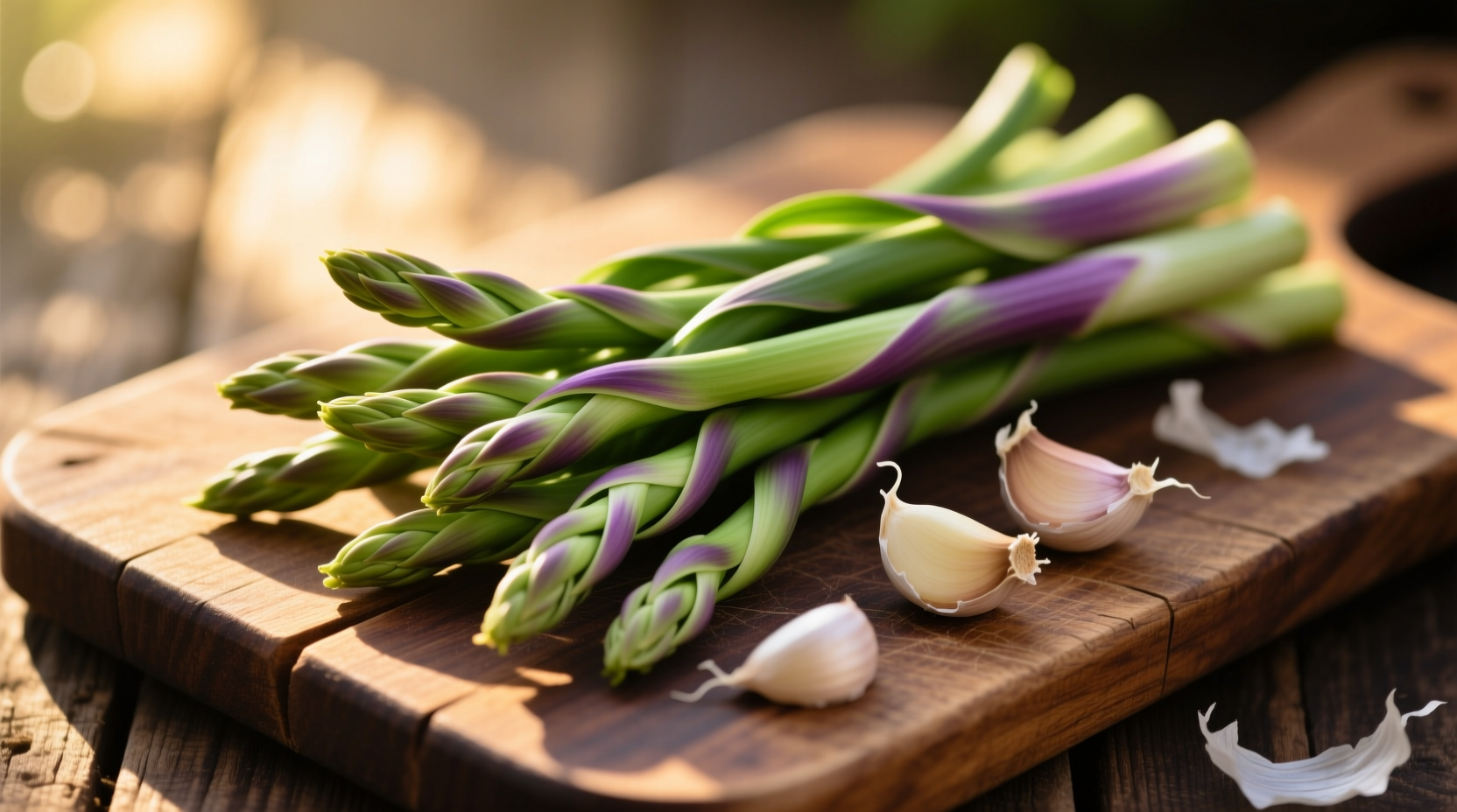 Fresh garlic scapes on wooden cutting board