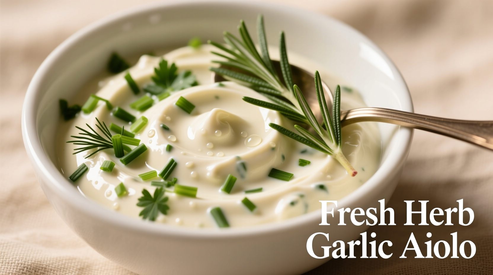 Creamy garlic aioli in white bowl with fresh herbs