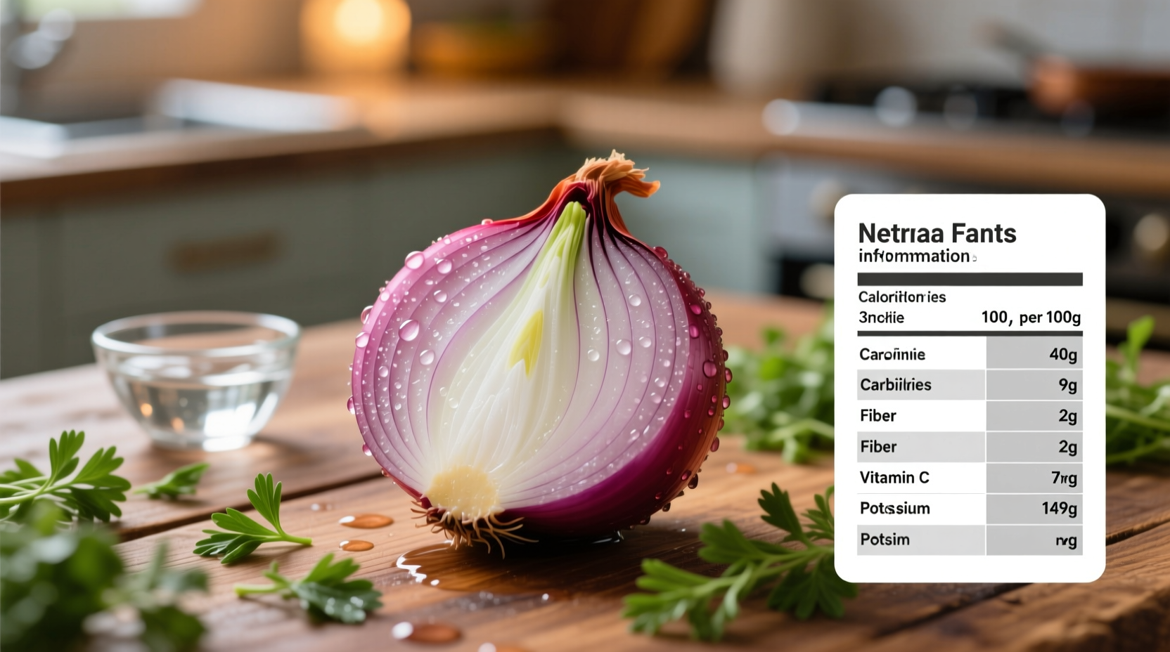 Fresh onions with nutritional information chart