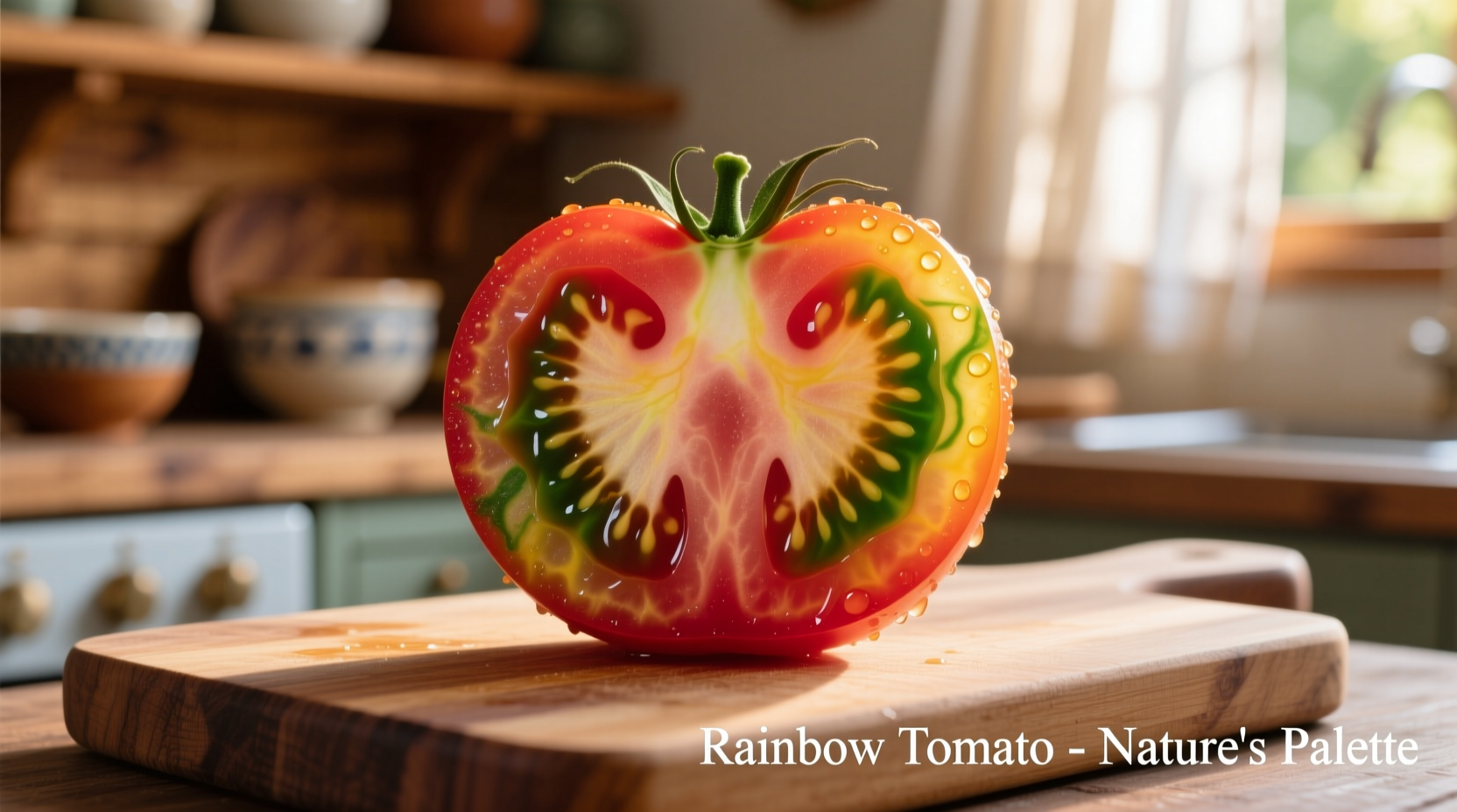 Sliced Big Rainbow tomato showing marbled color pattern