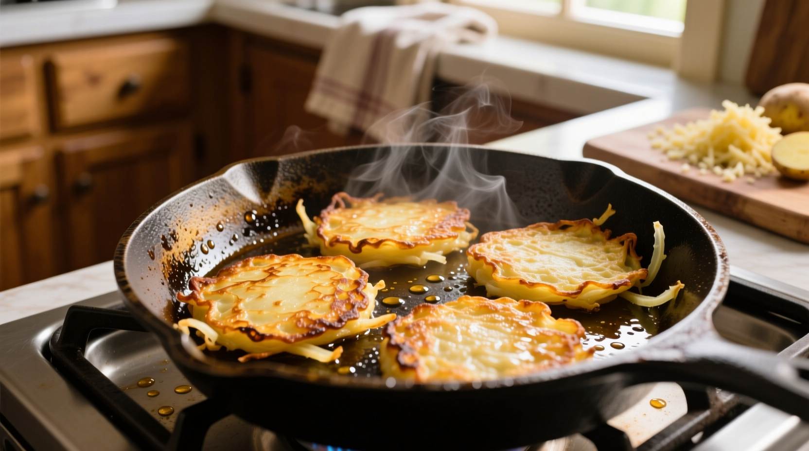 Crispy golden potato latkes sizzling in skillet