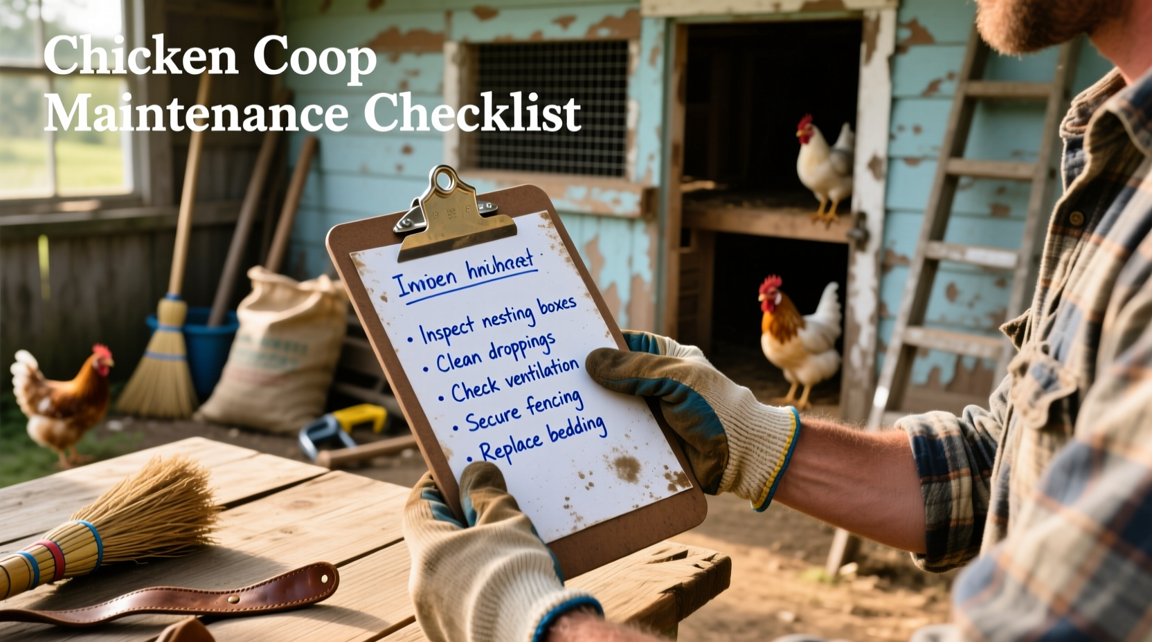 Chicken coop maintenance checklist on clipboard