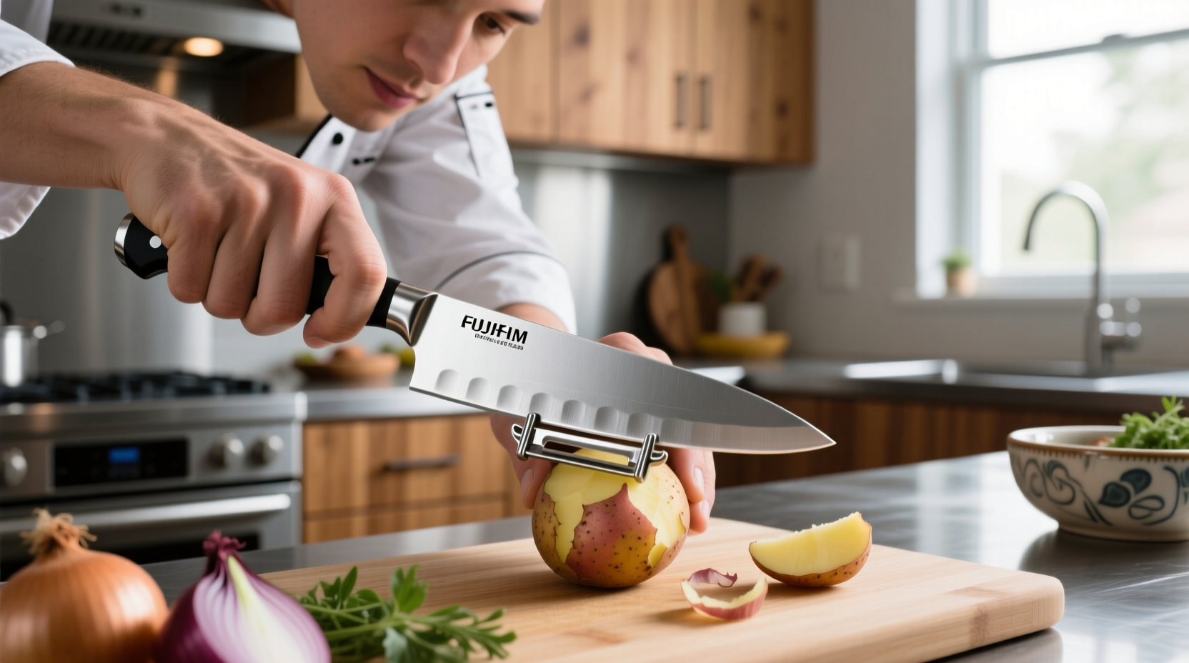 Professional chef testing potato peeler sharpness