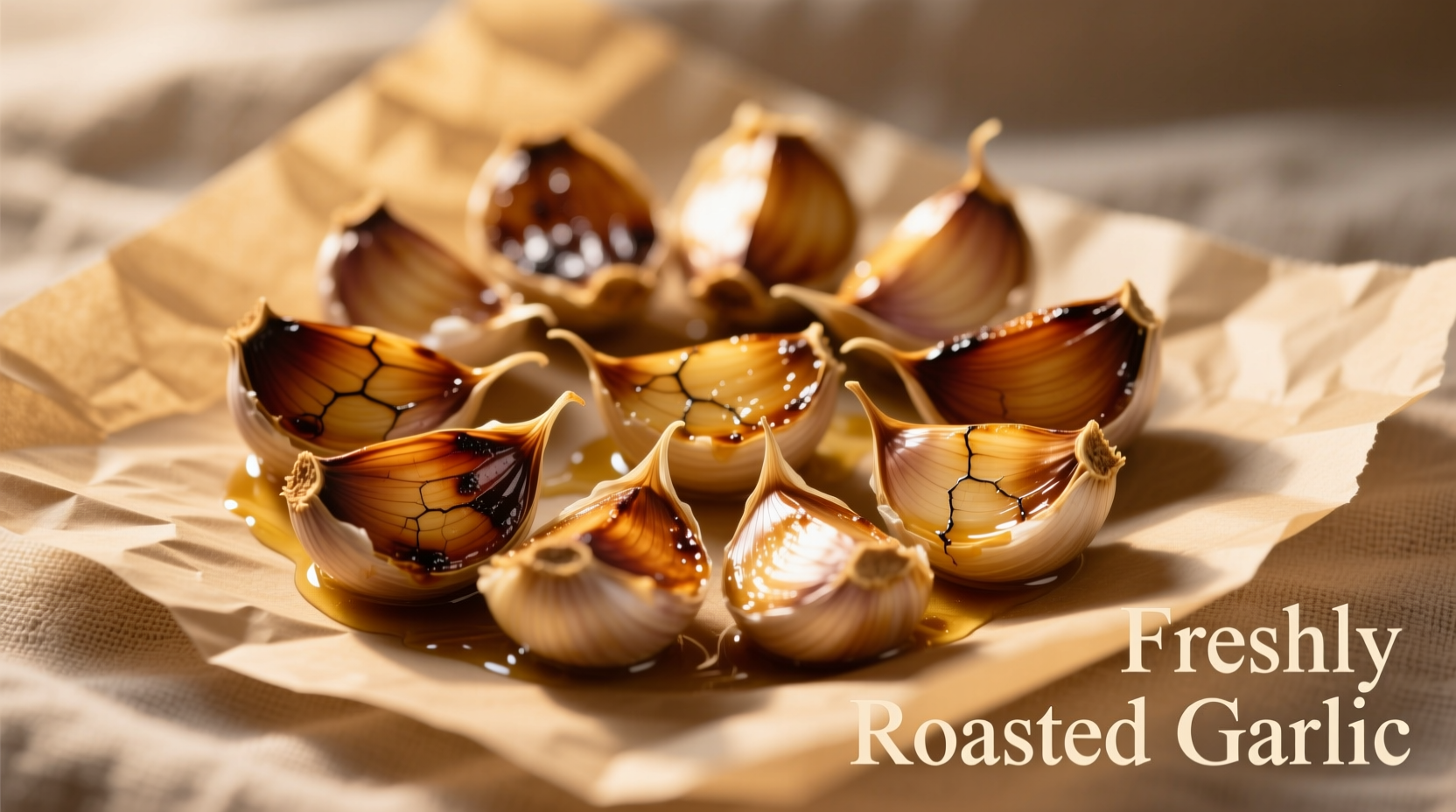 Golden roasted garlic cloves on parchment paper