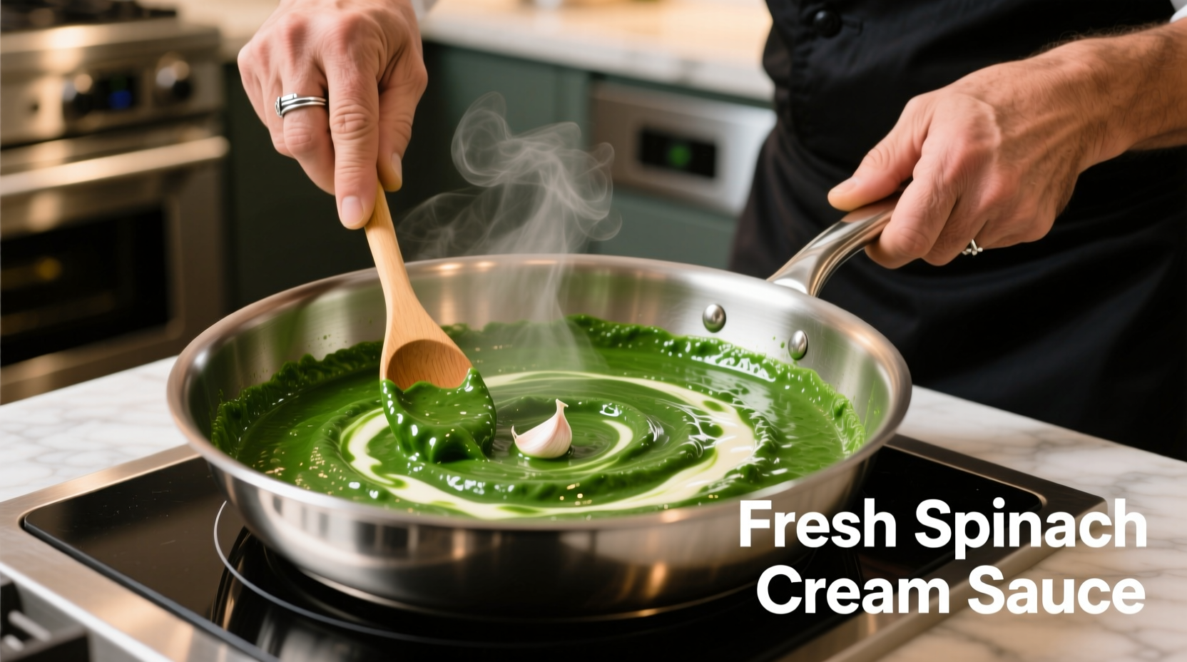 Chef preparing vibrant green spinach cream sauce in stainless steel pan