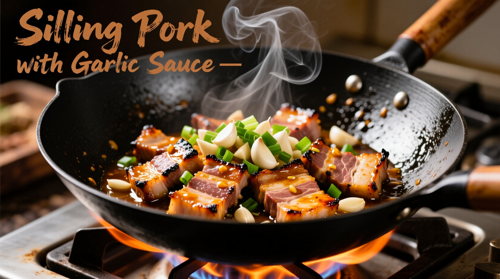 Sizzling pork with garlic sauce in wok