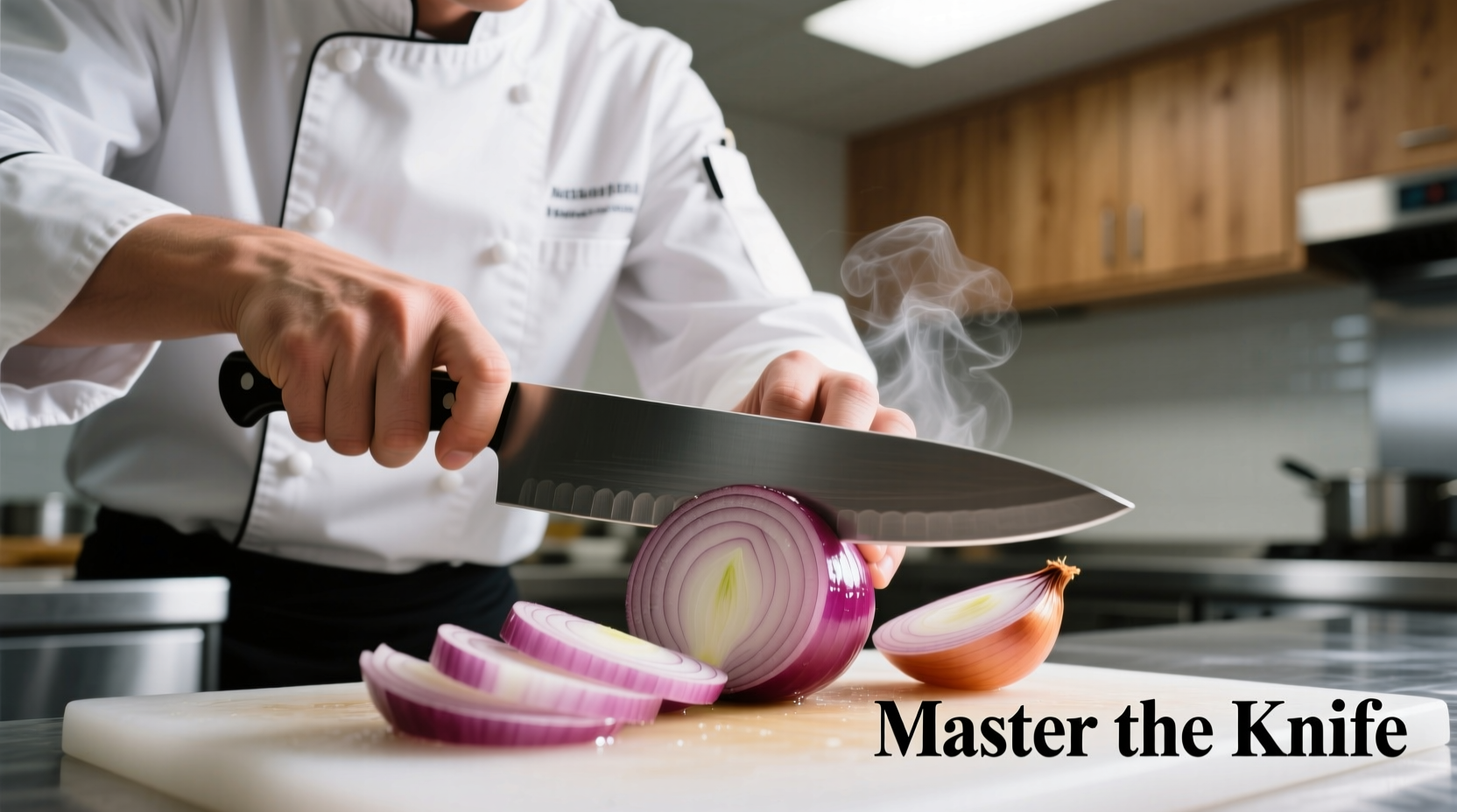 Chef slicing onions with proper knife technique