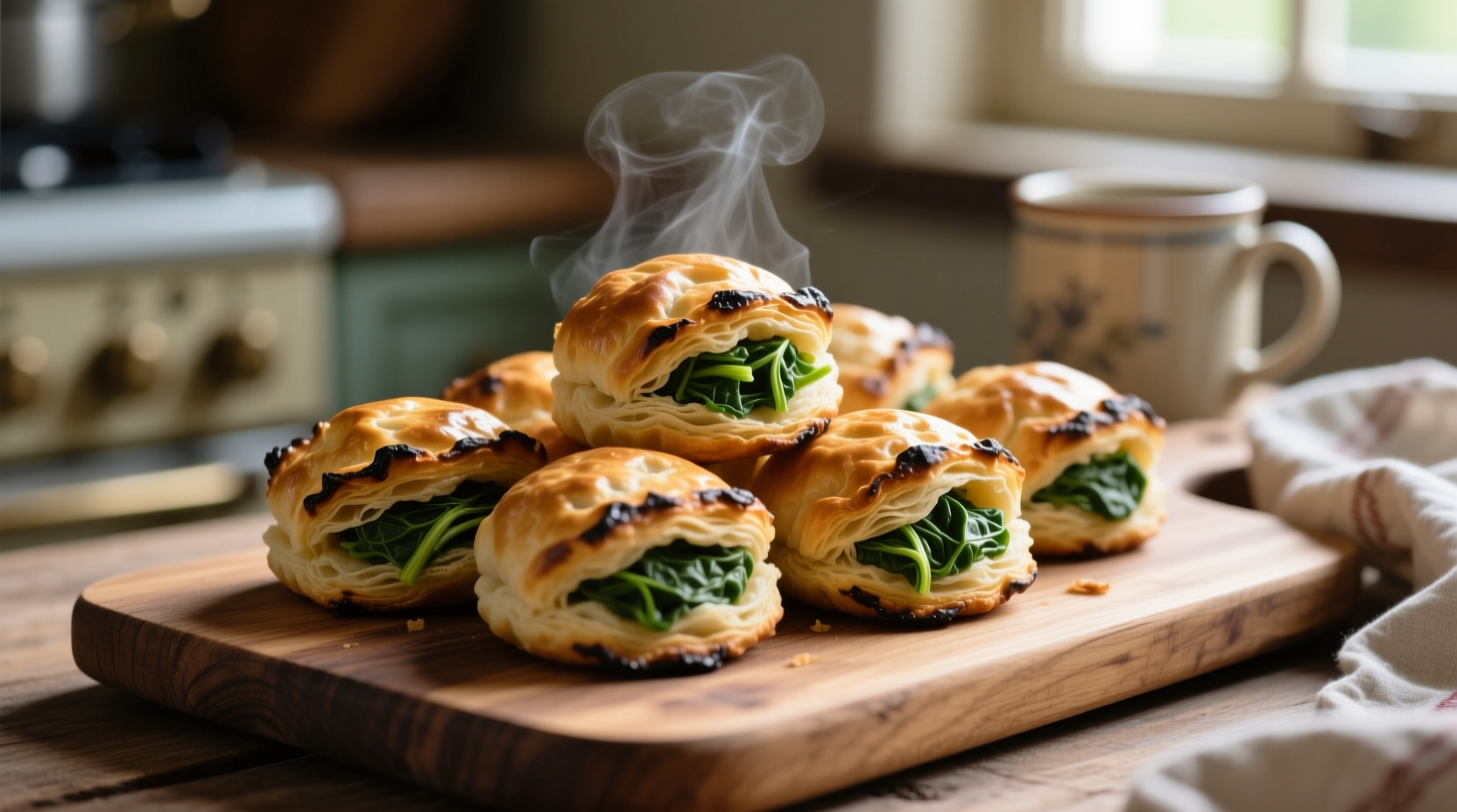 Golden brown spinach puffs arranged on a rustic wooden board