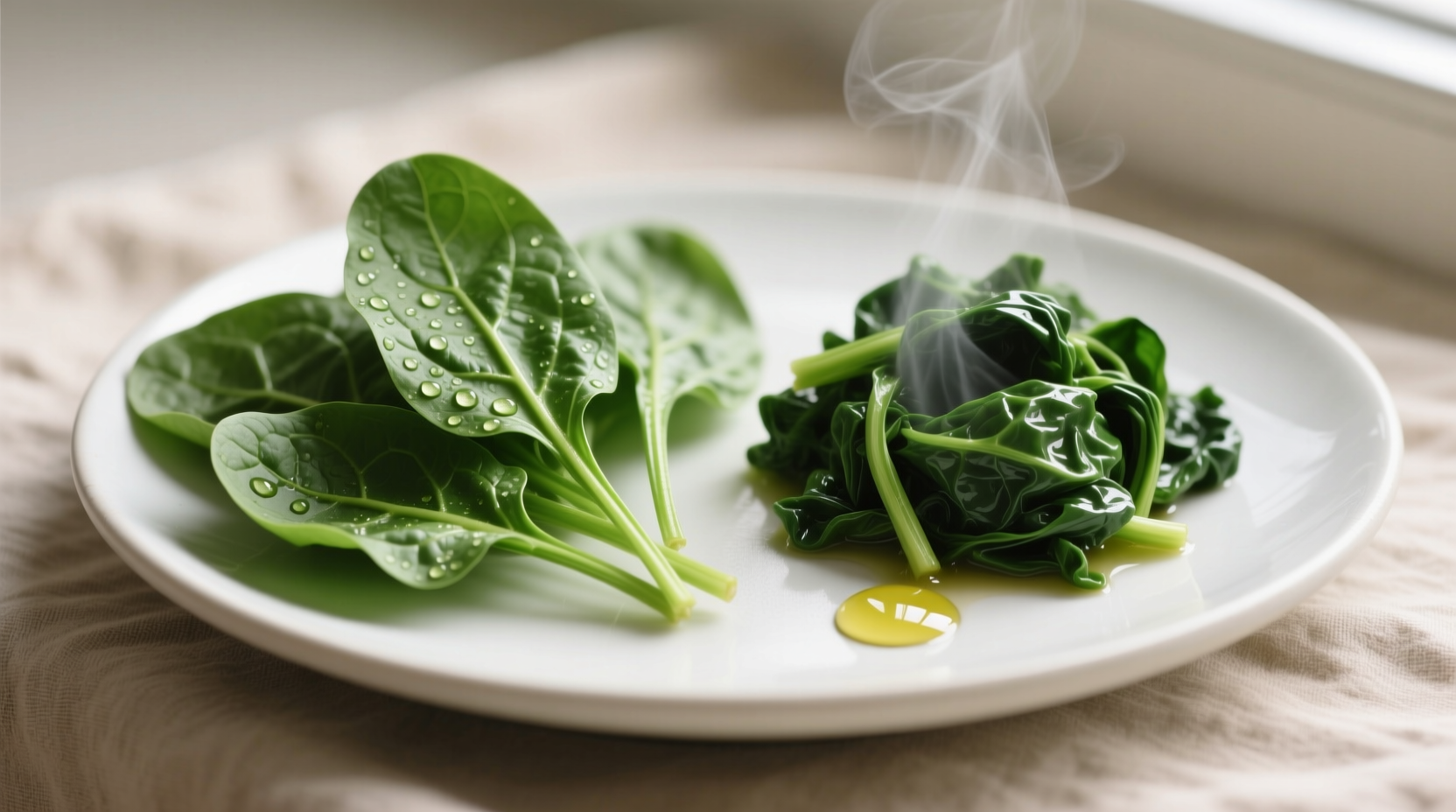 Fresh spinach leaves raw and cooked side by side