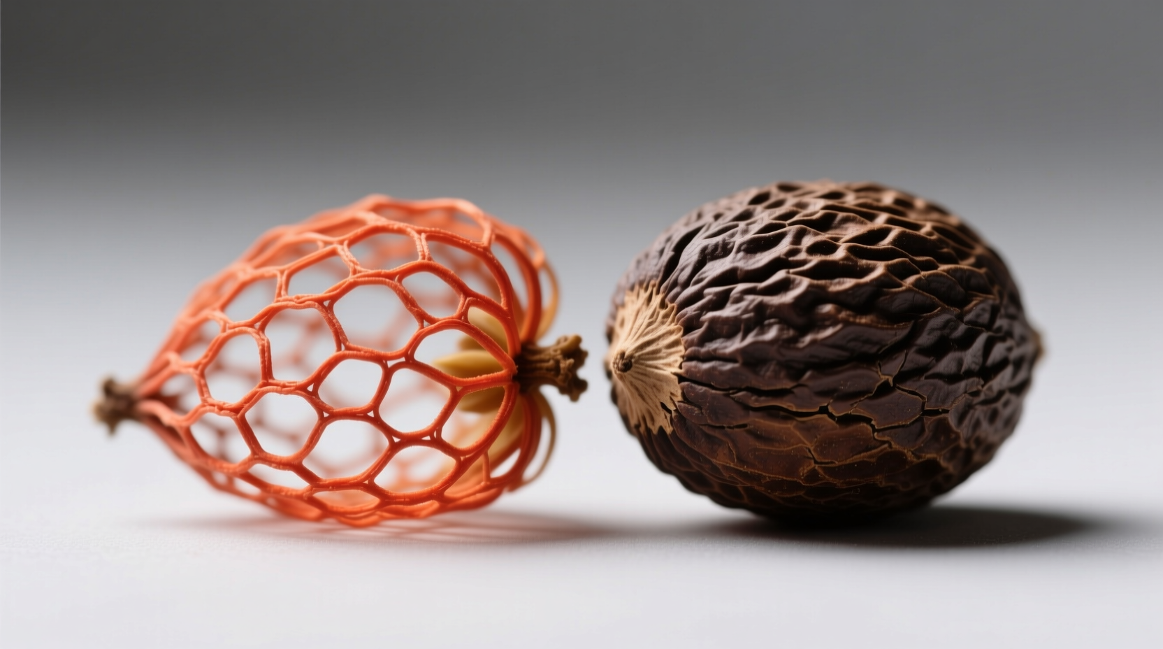 Mace aril and nutmeg seed side-by-side showing their botanical relationship as parts of the same fruit