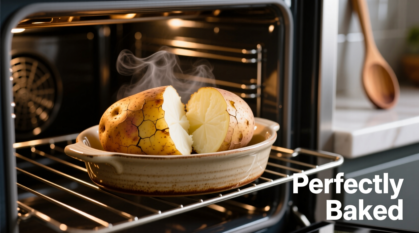 Russet potato baking in oven with perfect fluffy interior
