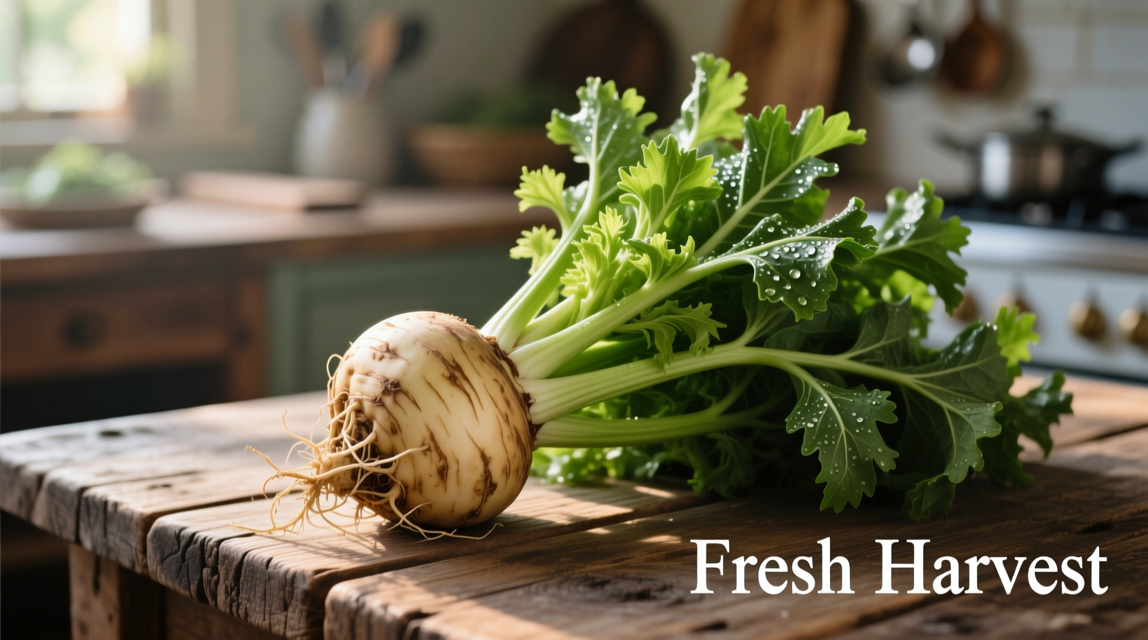 Fresh celery root vegetable with leafy greens on wooden table