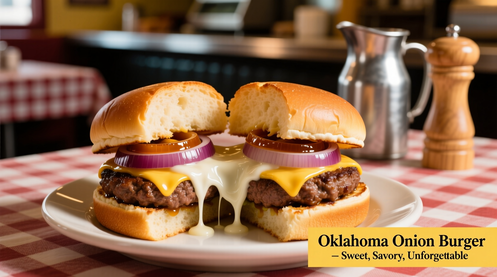 Oklahoma onion burger with melted cheese on bun