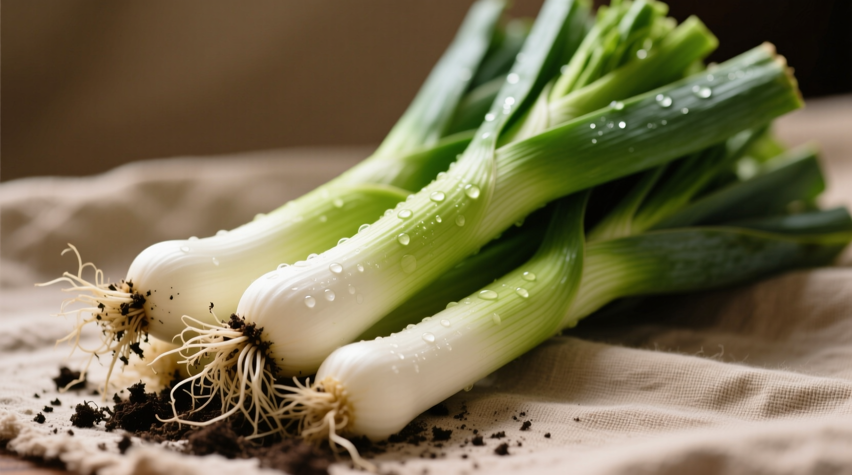 Fresh leeks with green tops and white bulbs