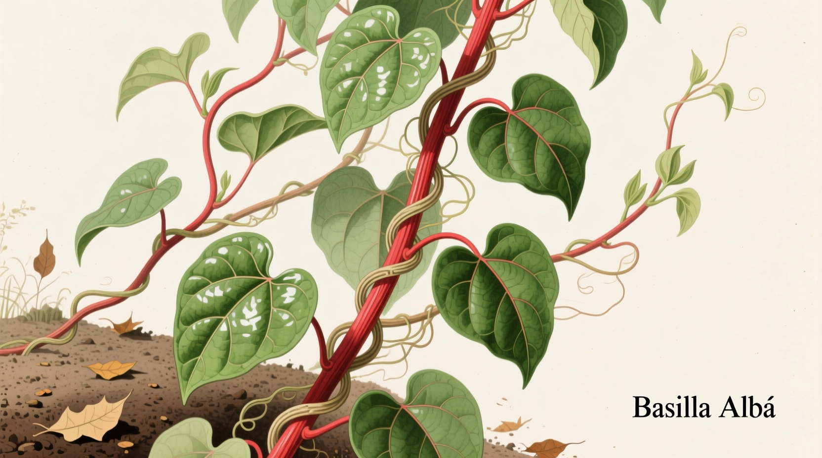 Malabar spinach vine with green leaves and red stems