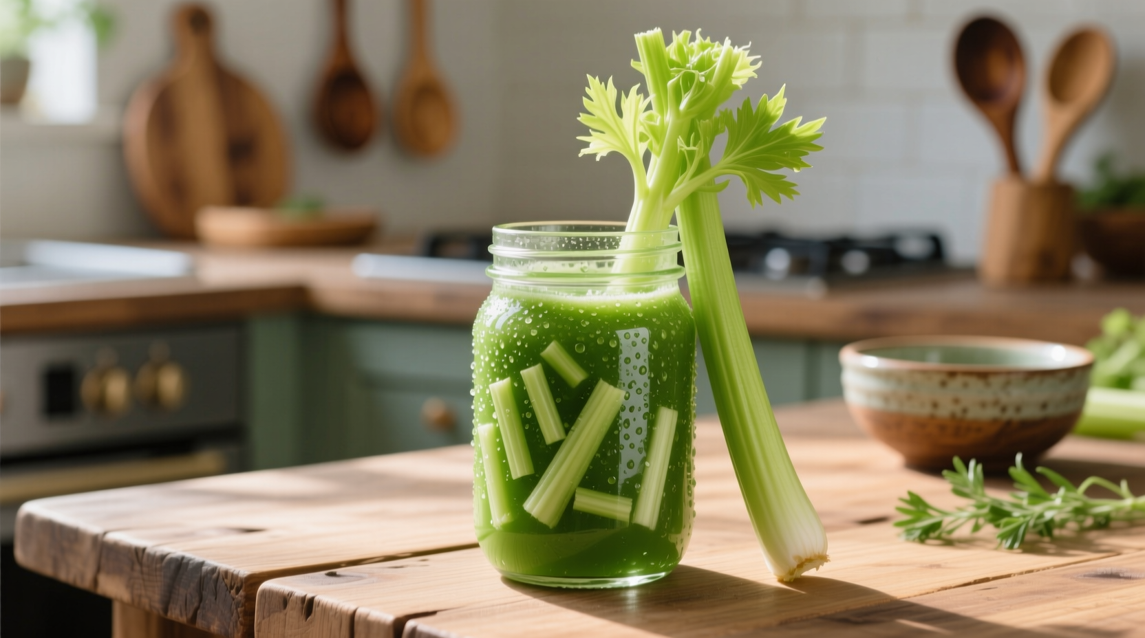 Fresh celery smoothie in glass with celery stalk