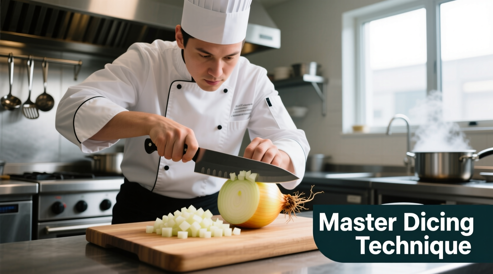Professional chef demonstrating proper onion dicing technique with sharp knife
