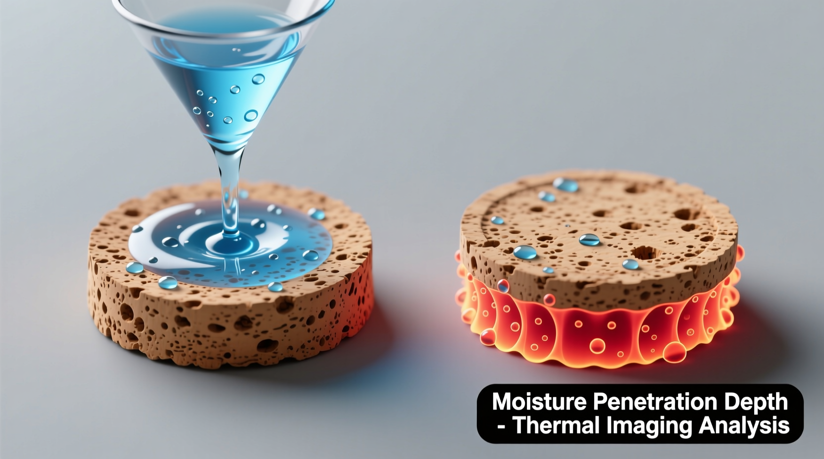 Side-by-side comparison showing water bead behavior on 6 mm natural cork versus 3 mm sealed cork under identical 10 mL pour test, with moisture penetration depth measured via thermal imaging