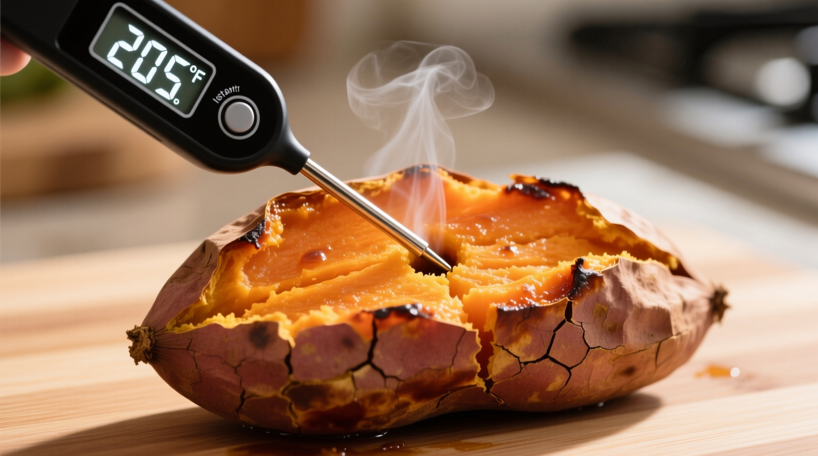 Instant-read thermometer measuring sweet potato temperature