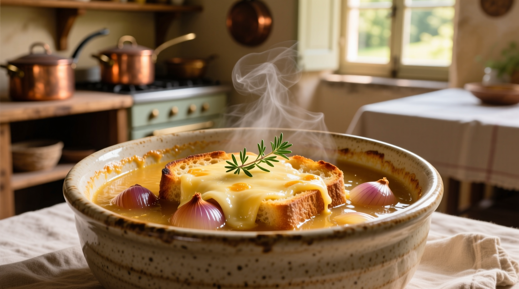 Traditional French onion soup in ceramic bowl