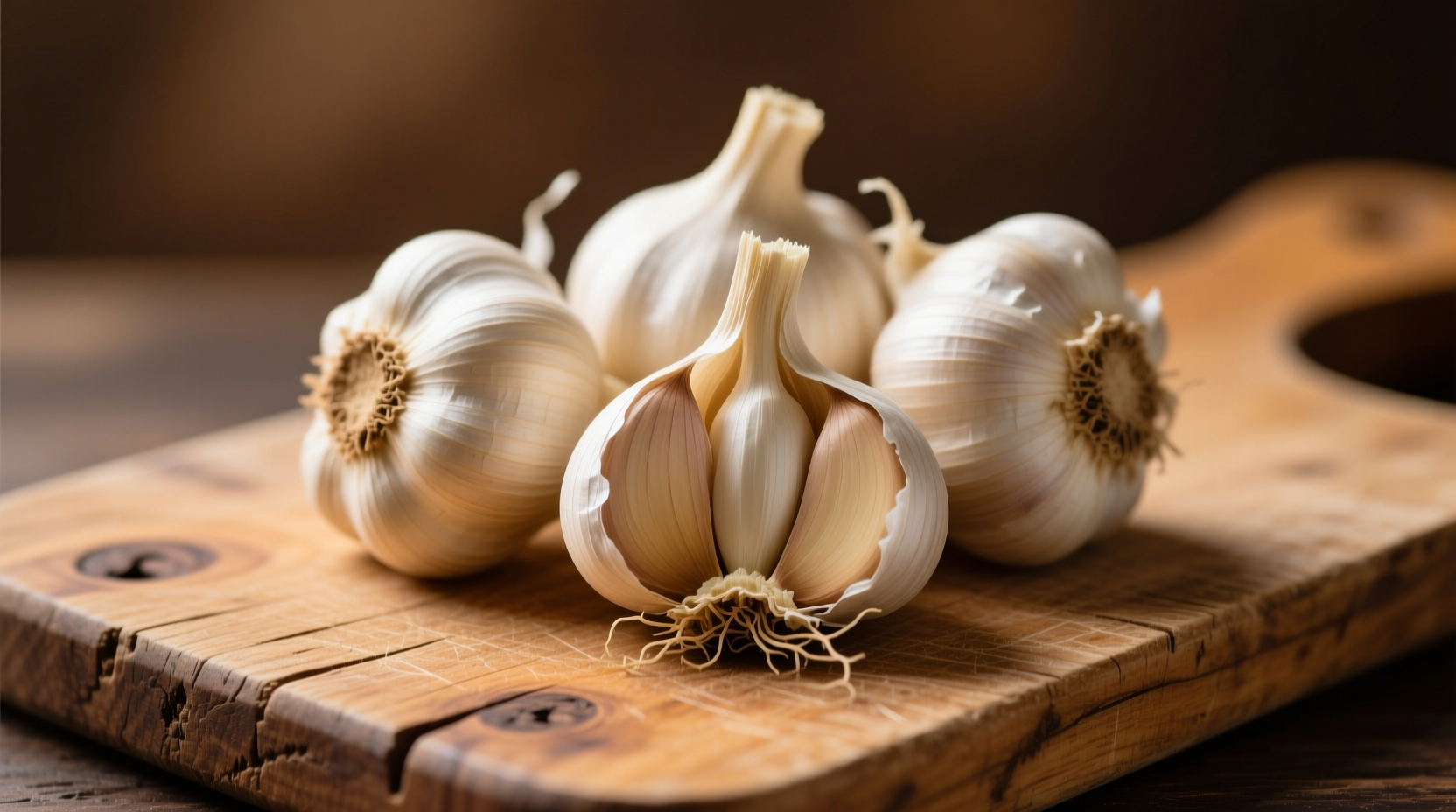 Fresh garlic heads with papery skin on wooden cutting board