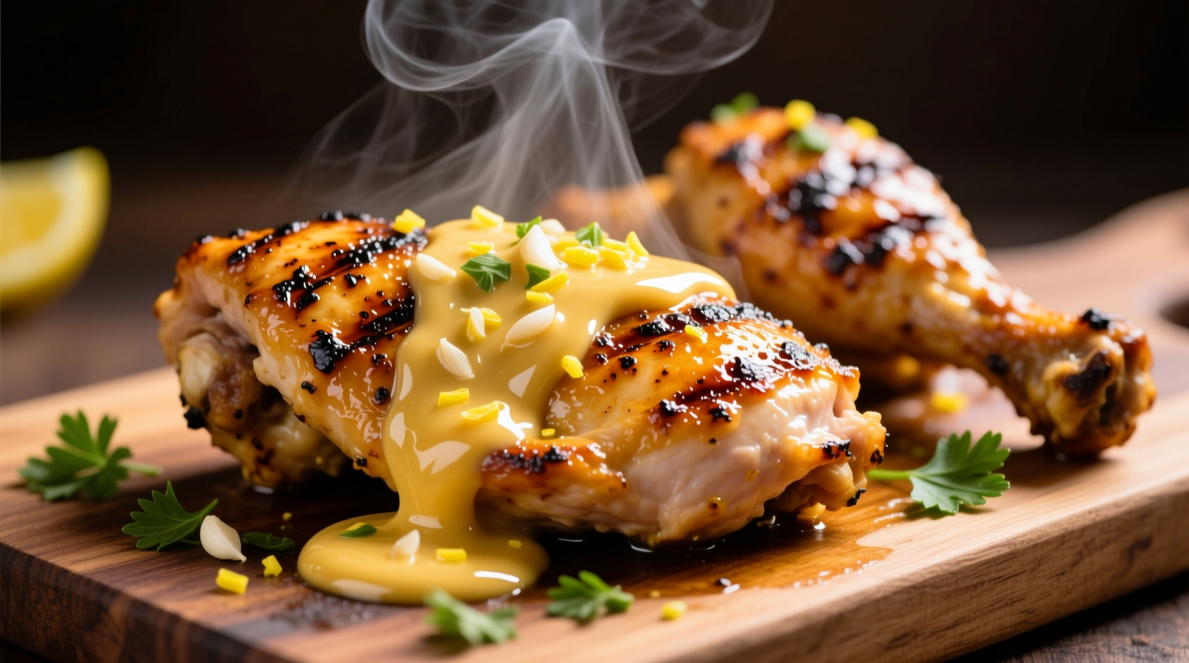 Golden lemon garlic sauce drizzled over grilled chicken