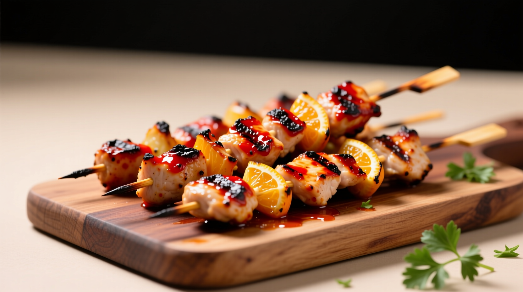 Grilled chicken skewers with visible paprika and citrus marinade, served on wooden board
