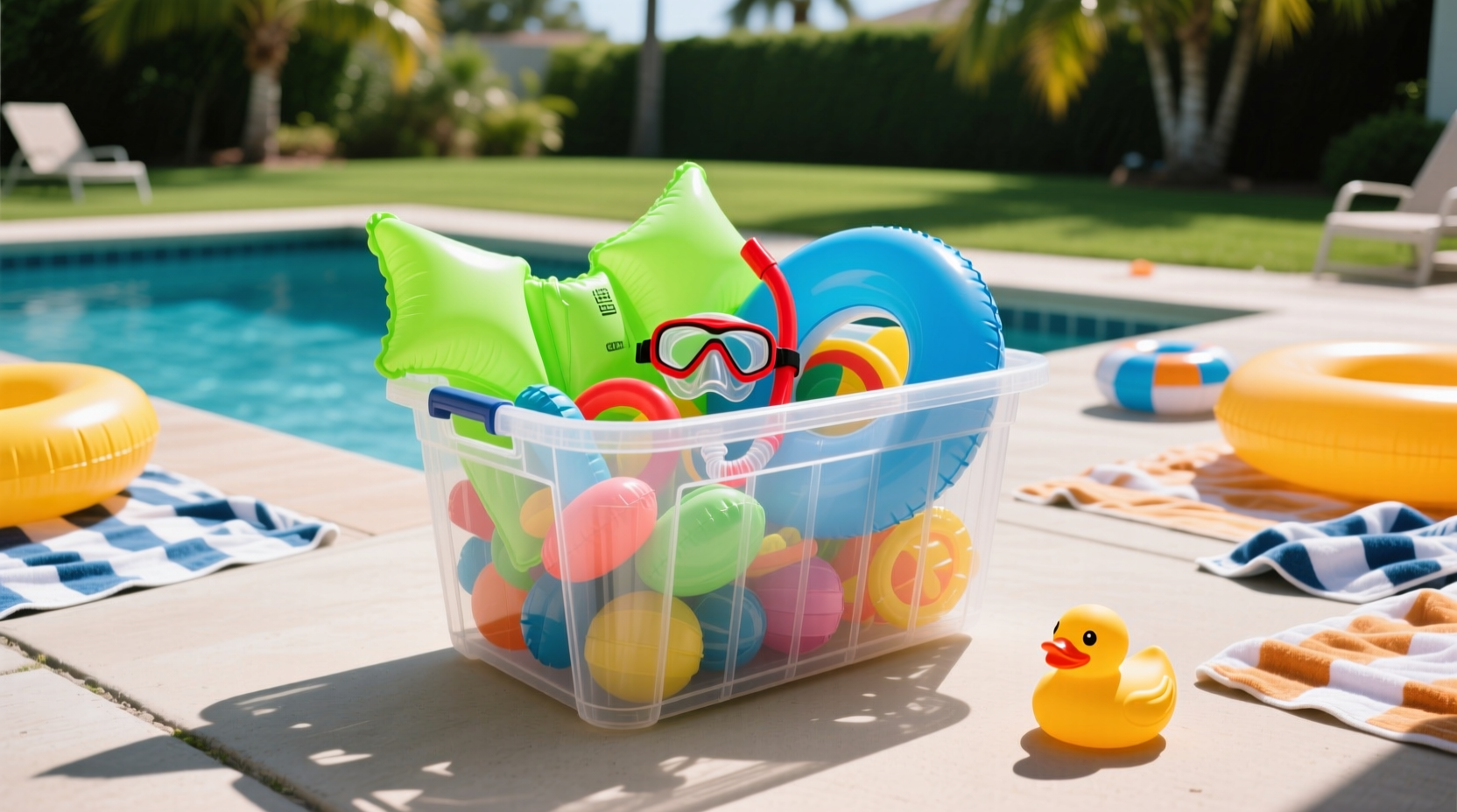 organize large pool toys with a plastic hamper