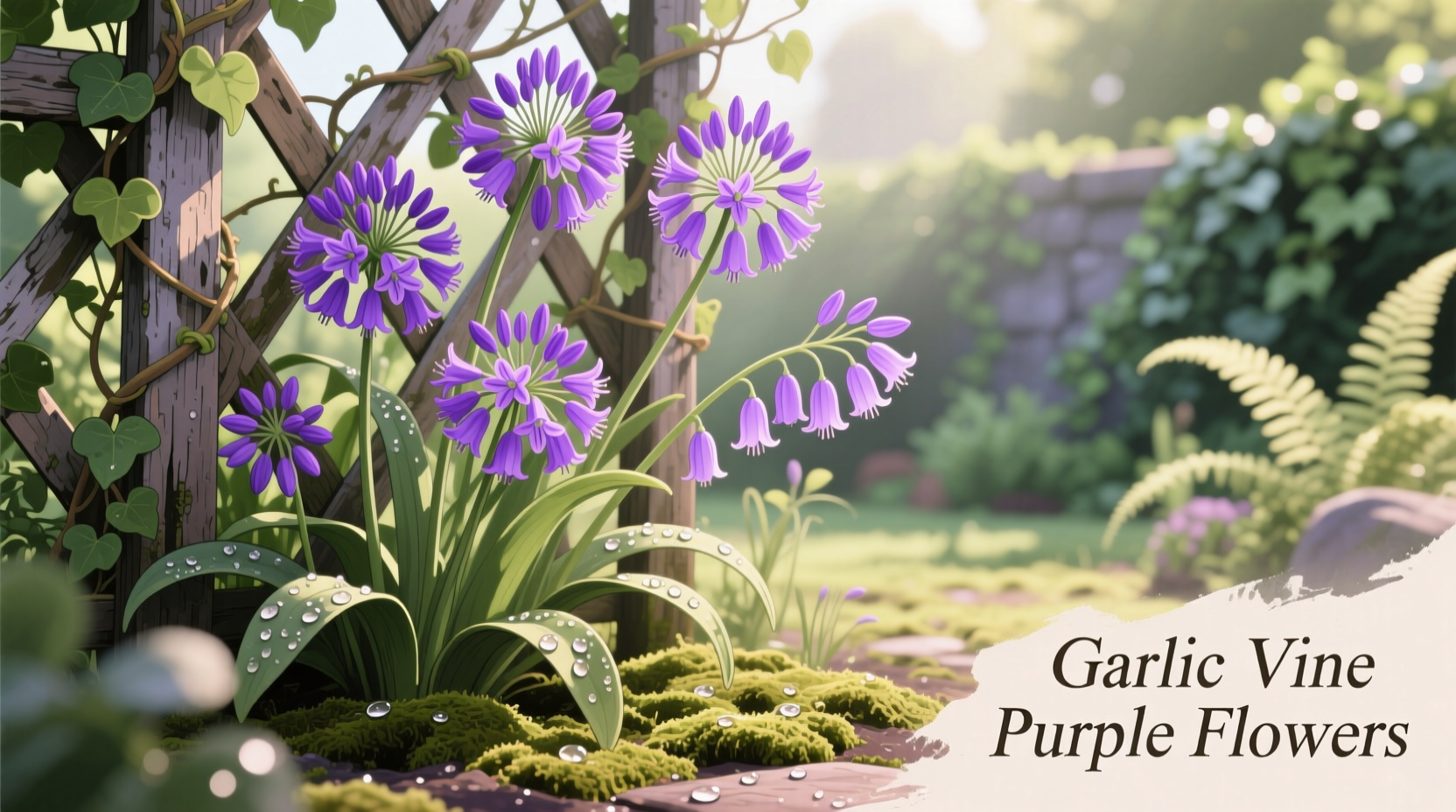 Garlic vine purple flowers climbing trellis
