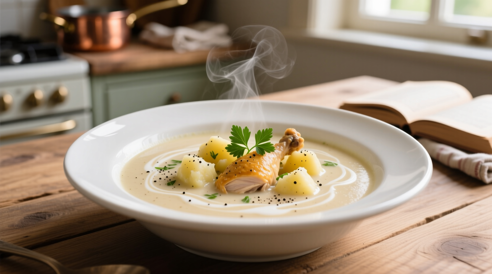Creamy chicken and potato soup in white bowl