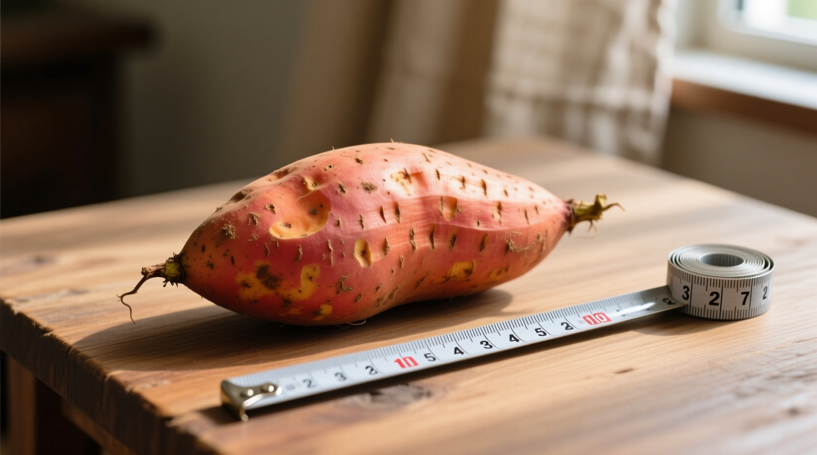 Medium sweet potato next to measuring tape for size reference