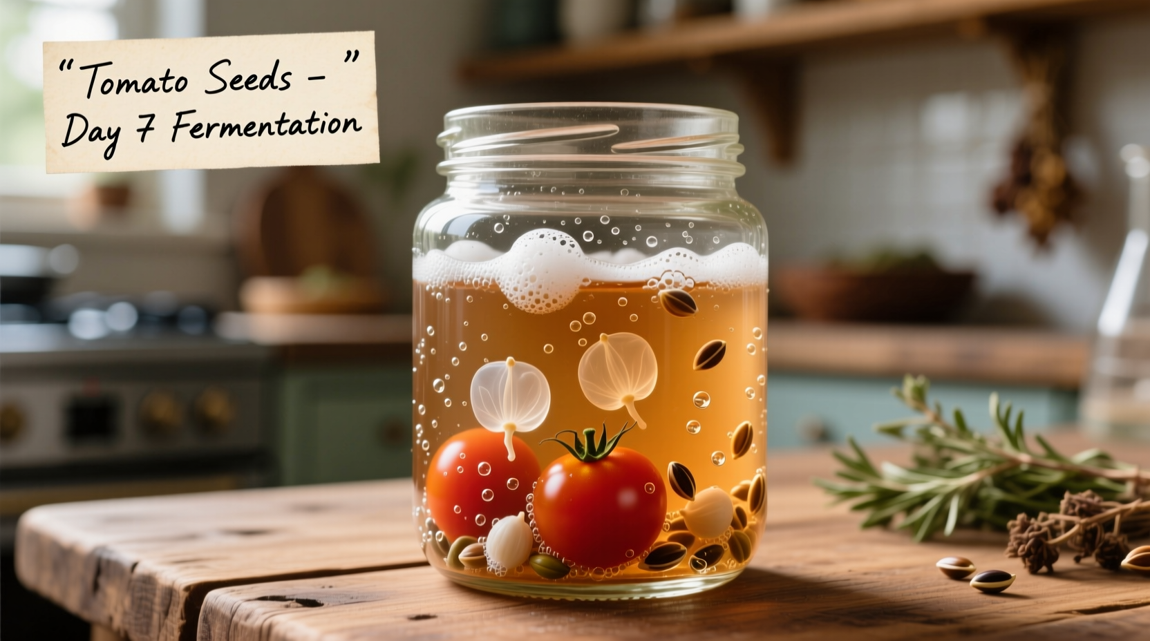 Tomato seeds in glass jar during fermentation process