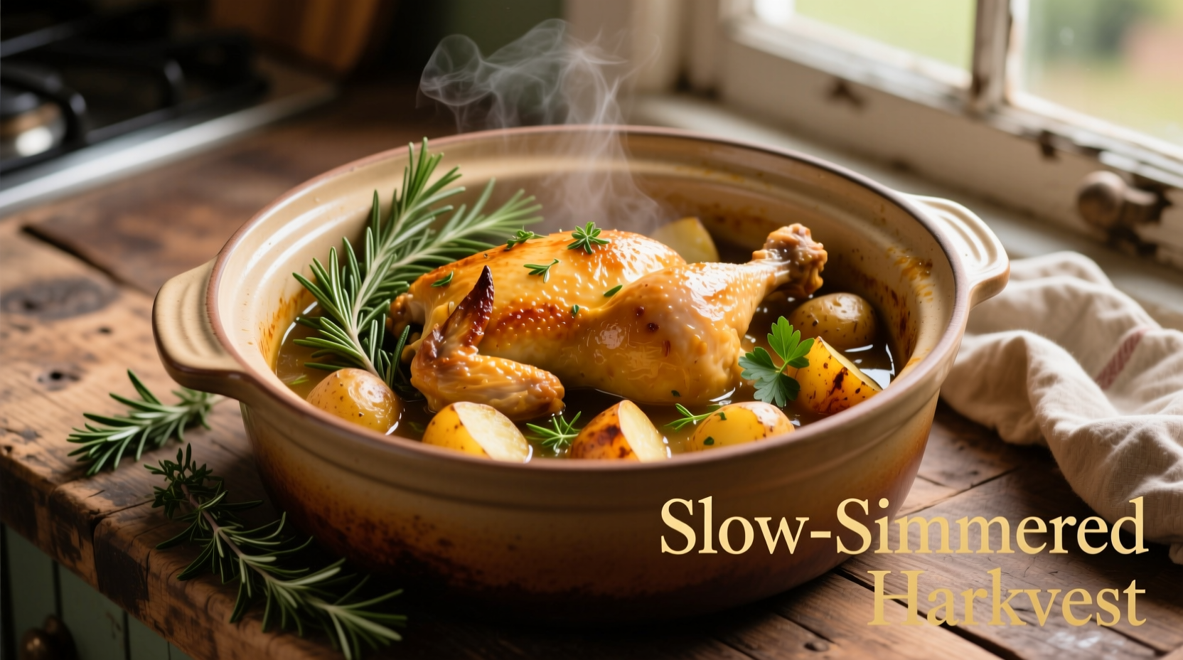 Golden chicken and potatoes in crockpot with herbs