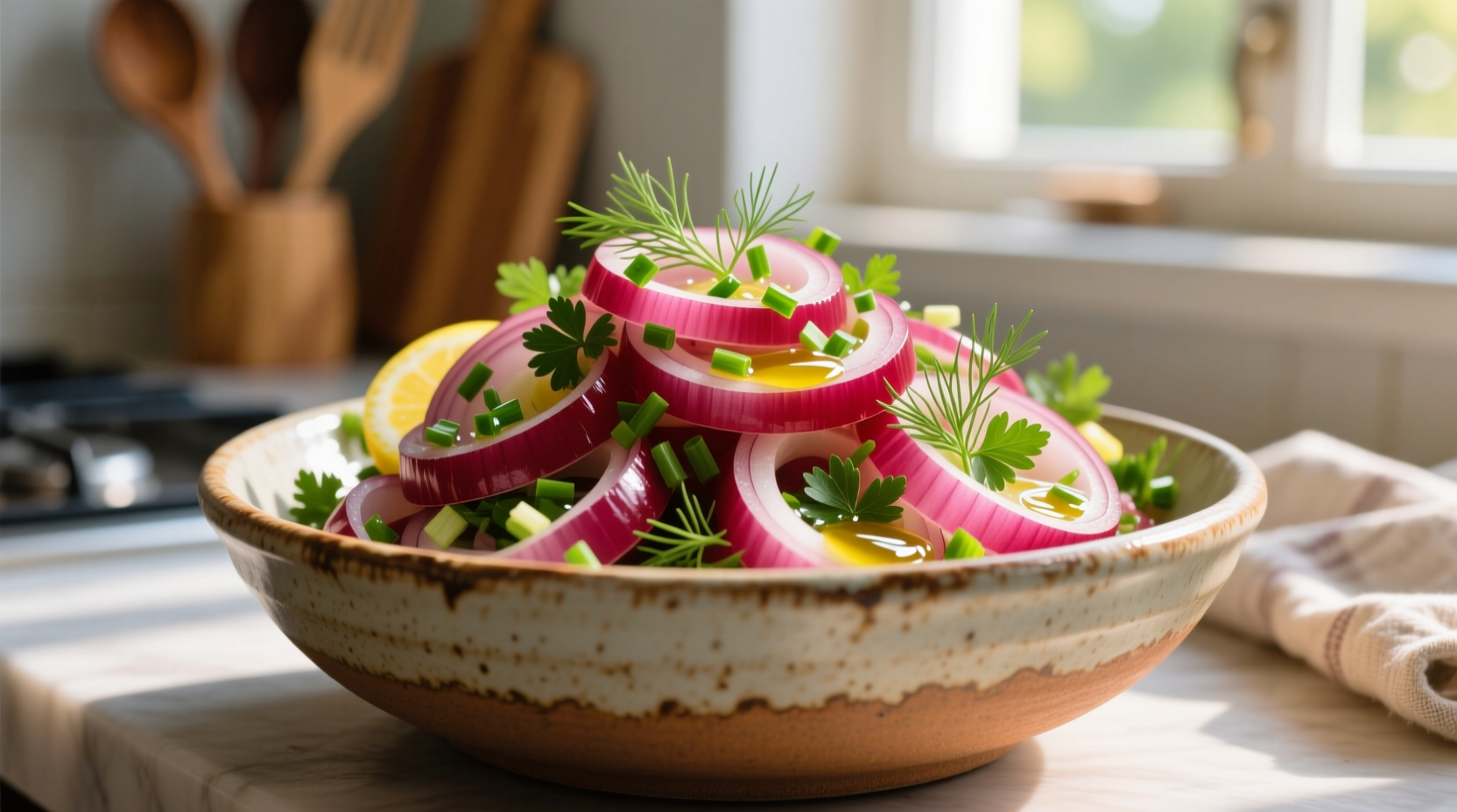 Vibrant red onion salad with fresh herbs in ceramic bowl