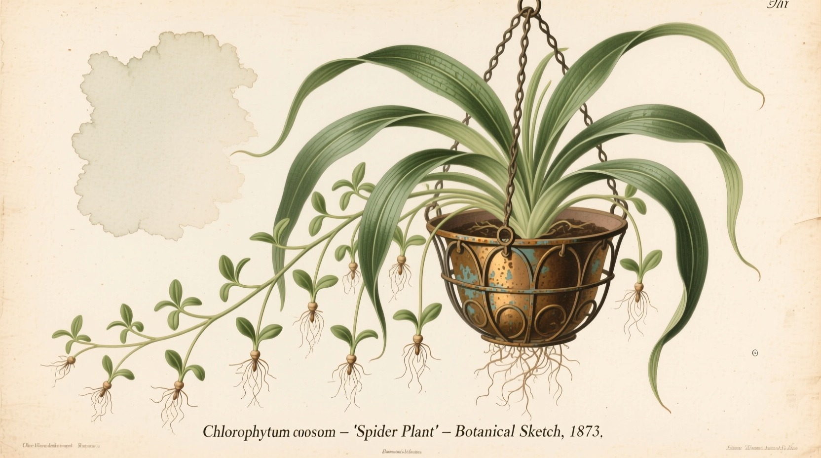 Spider plant with baby plantlets in hanging basket
