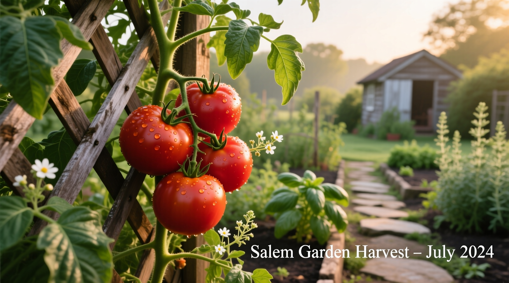 Plum tomatoes growing in a Salem garden with trellis support