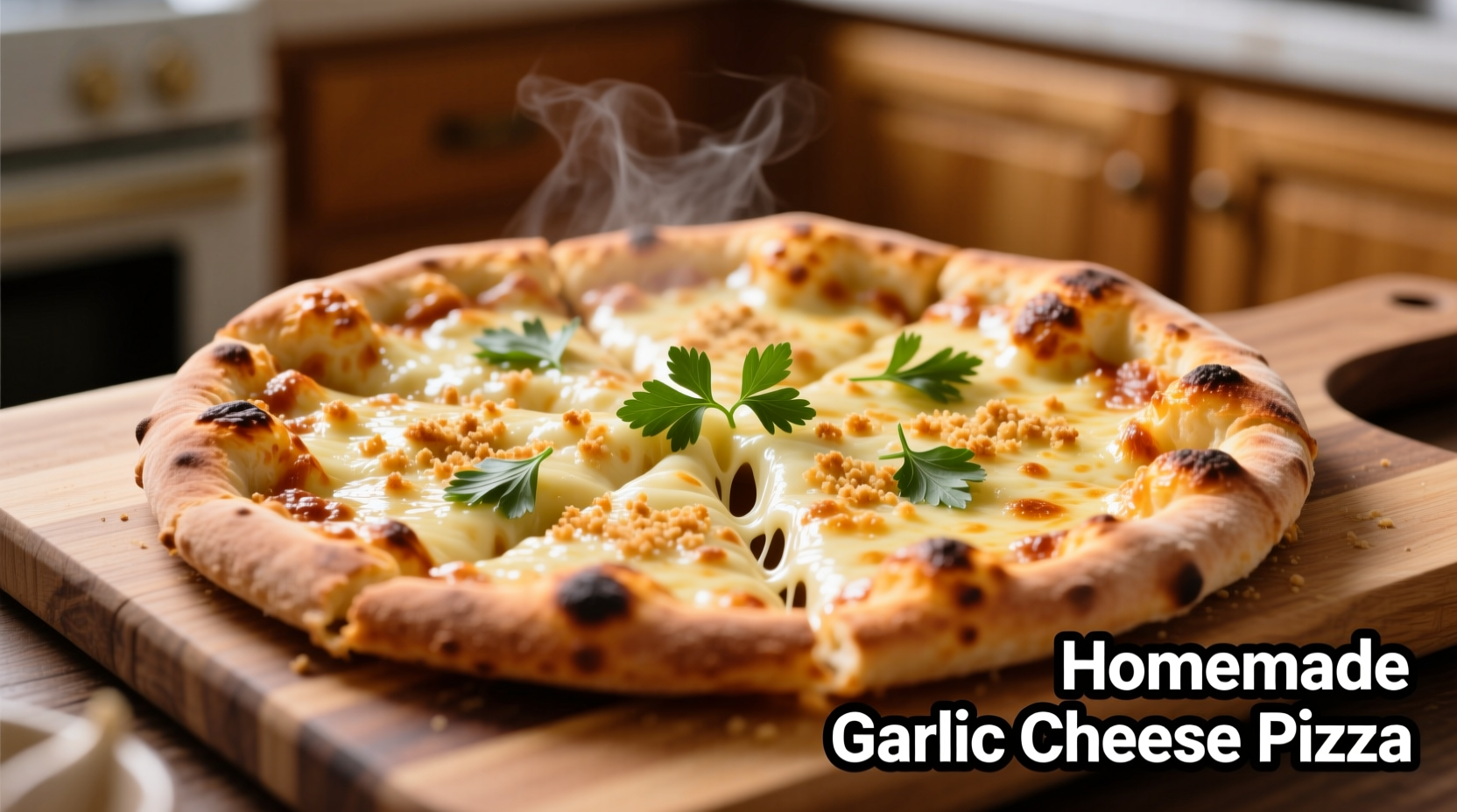 Homemade garlic cheese pizza with golden crust