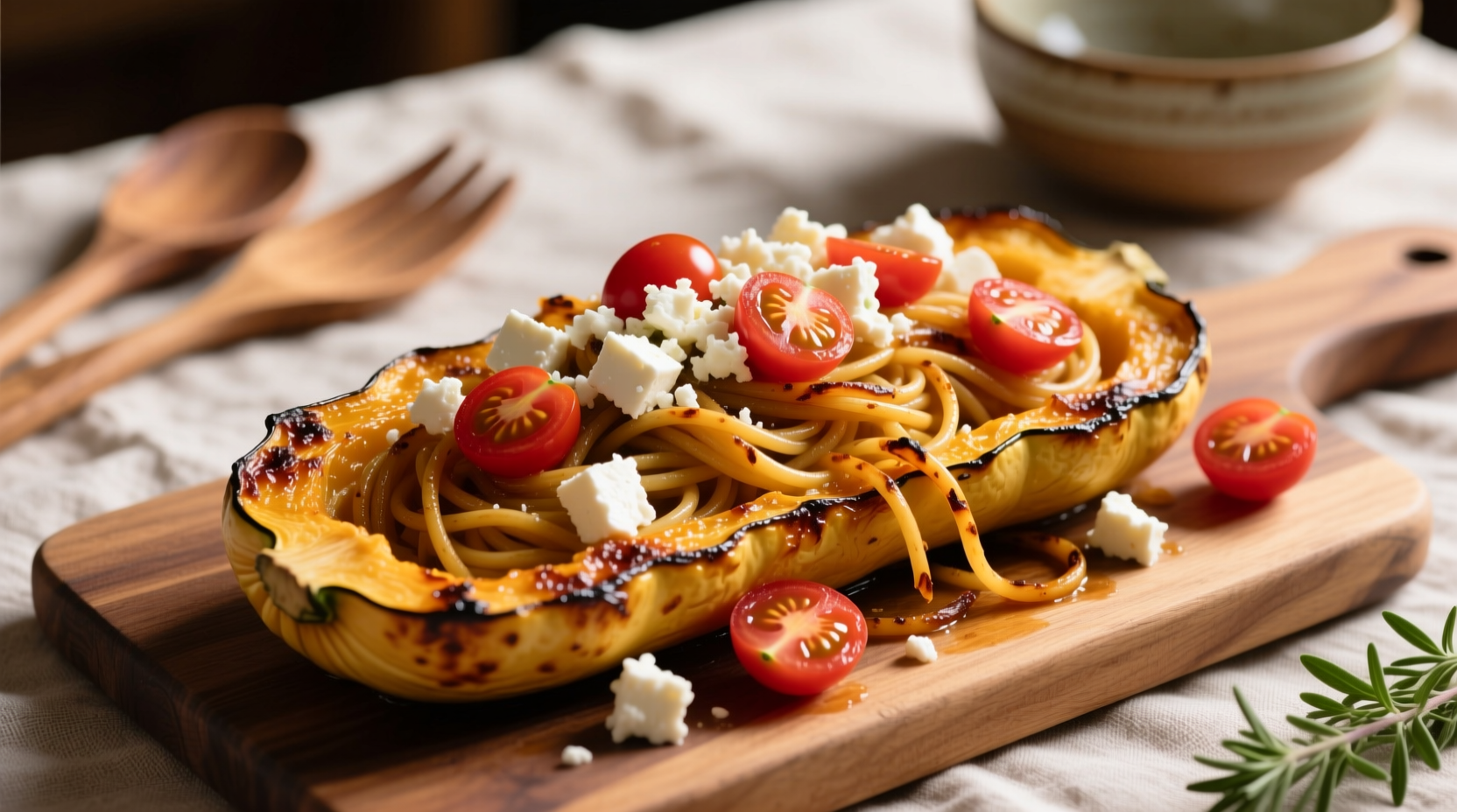 Roasted spaghetti squash with feta and cherry tomatoes