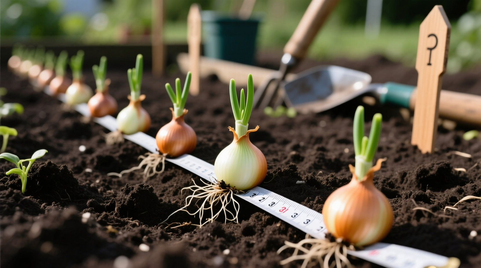 Properly spaced onion sets in garden soil with measuring tape