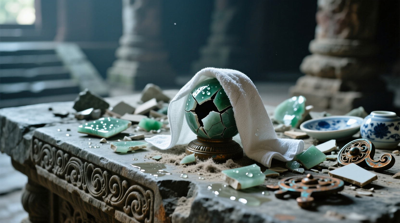 clean up broken ornaments with wet paper towels